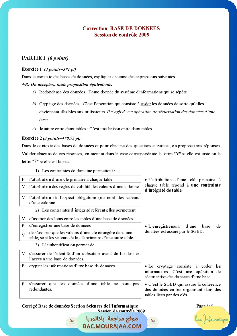 Corrigé controle bd Bac 2009 – Section info